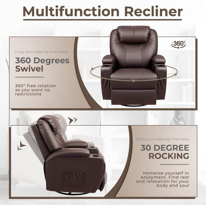 PU Leather Recliner Chair with Massage and Heat (Brown) - Loft&Timber