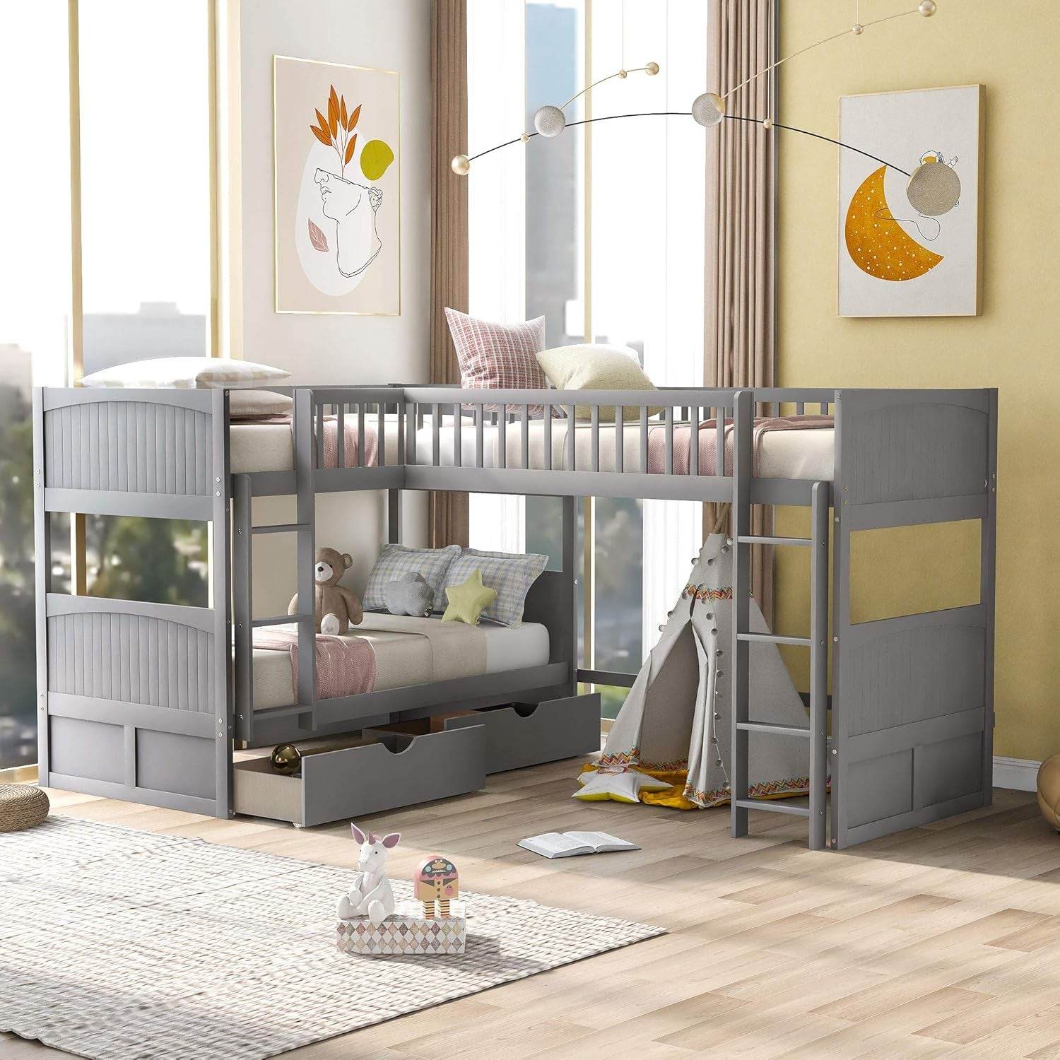 Triple Bunk Bed for Kids L Shaped Bunk Bed Solid Wood Twin over Twin over Twin Bed with 2 Drawers and 2 Ladders, No Box Spring Needed, Gray - Loft&Timber