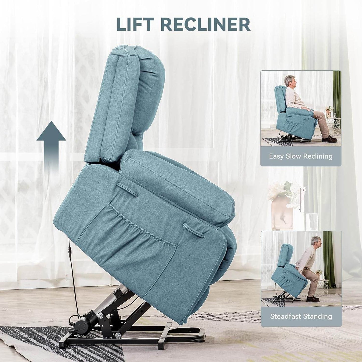 Electric Power Lift Chairs Recliners for Elderly,Recliner Chair with Massage and Heat,2 Side Pockets, Fabric(Blue) - Loft&Timber