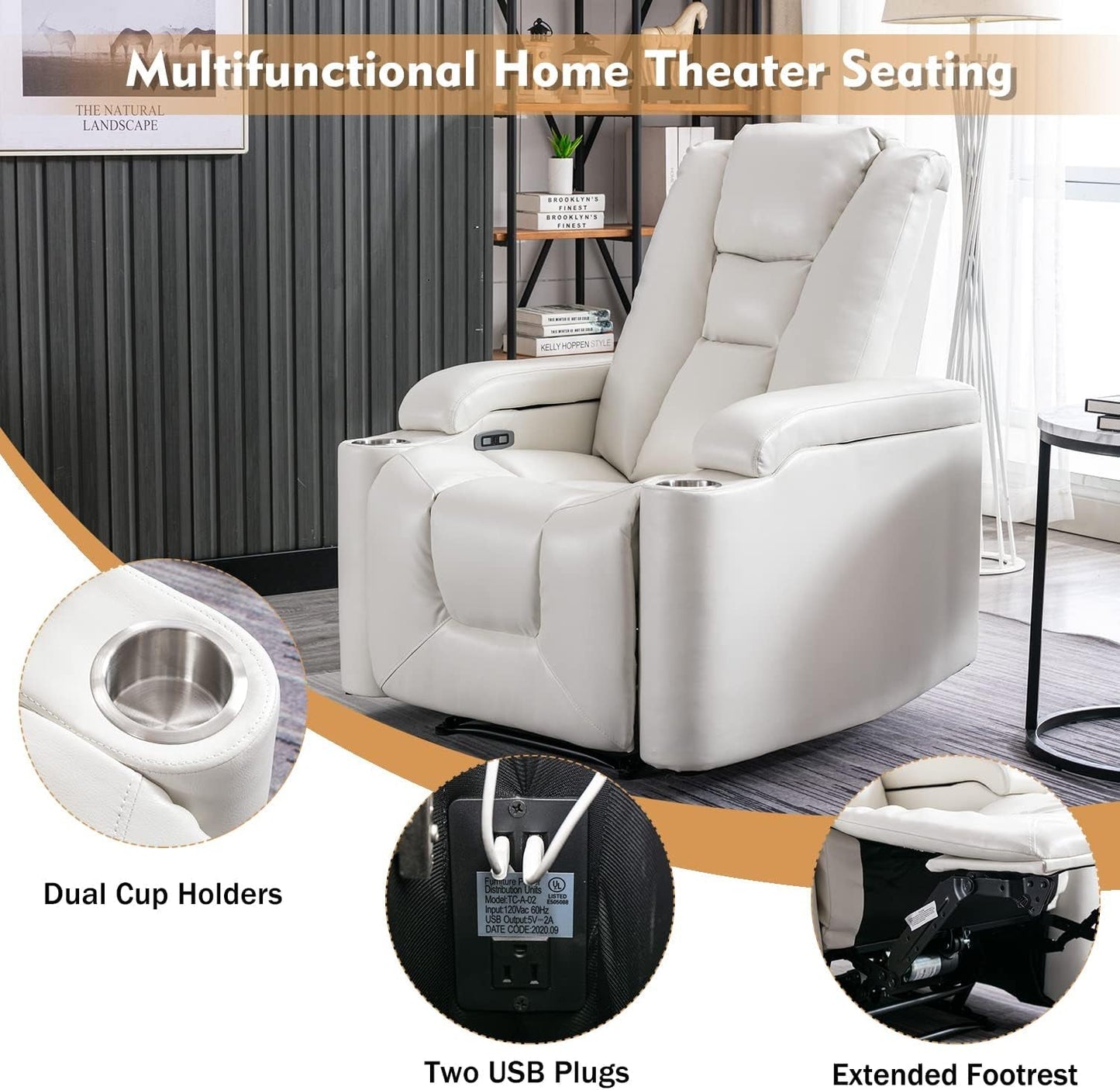 White Power Recliner Chair Set of 2, Electric Home Theater Seating Soft Leather Reclining Chairs for Movie Room Overstuffed Recliners with Hidden Arm Storage, Cup Holders and USB Ports-3