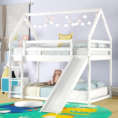 Twin over Twin House Bunk Bed with Slide,Floor Bunk Beds with Ladder for Kids,Solid Wood Twin Size Low Bunk Bed for Girls Boys - Loft&Timber
