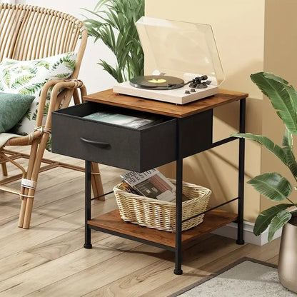 Rustic Black Metal Nightstand with Fabric Drawer-4