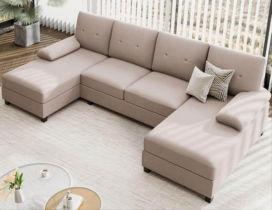 Sectional Sofa Couches for Living Room, U Shaped Sofa Living Room Furniture Sets, 4 Seat U Shaped Sofa Sectional Couch with Chaise, Dark Beige - Loft&Timber