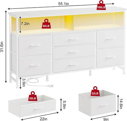 55 Inch Dresser TV Stand with Power Outlets and LED Lights, White Long Dresser for Bedroom with 7 Fabric Drawers, Large Dresser TV Stand for up to 65 Inch TV, Chest of Drawers for Bedroom White-2