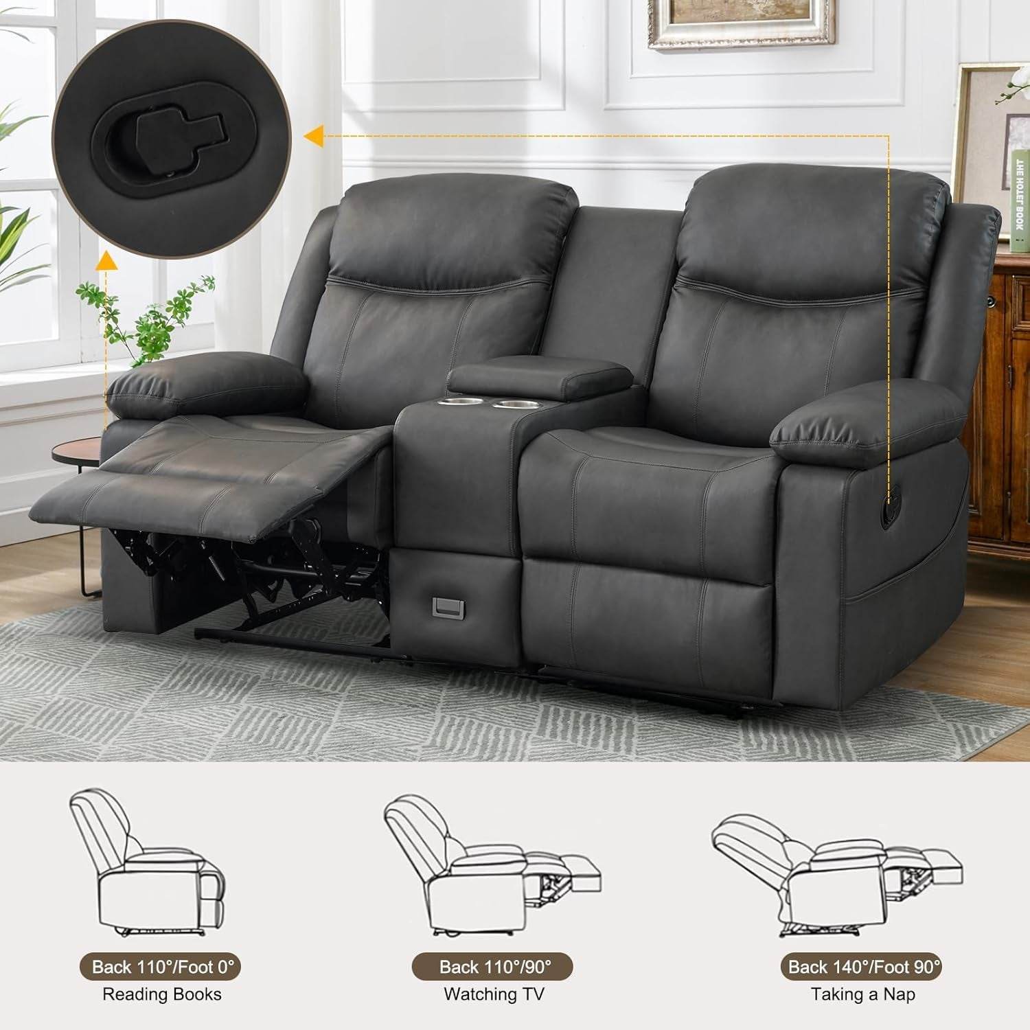 Loveseat Recliner, Reclining Loveseat with Console, Double Reclining Loveseat, 2 Seater Manual Reclining Couch for Living Room, Office, Home Theater(Pu-Grey) - Loft&Timber