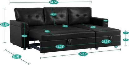 Jenny Sectional Sofa Sleeper with Storage Chaise, Tufted Pull Out Couch with Storage, Sectional Bed, L-Shaped Reversible Sleeper Sofa, Black,Air Leather - Loft&Timber