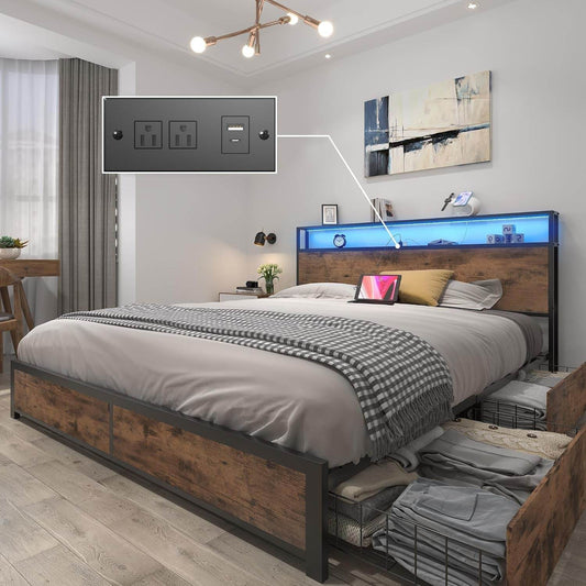Vintage Queen Bed Frame Storage Headboard, Drawers, Charge, LED - Loft&Timber