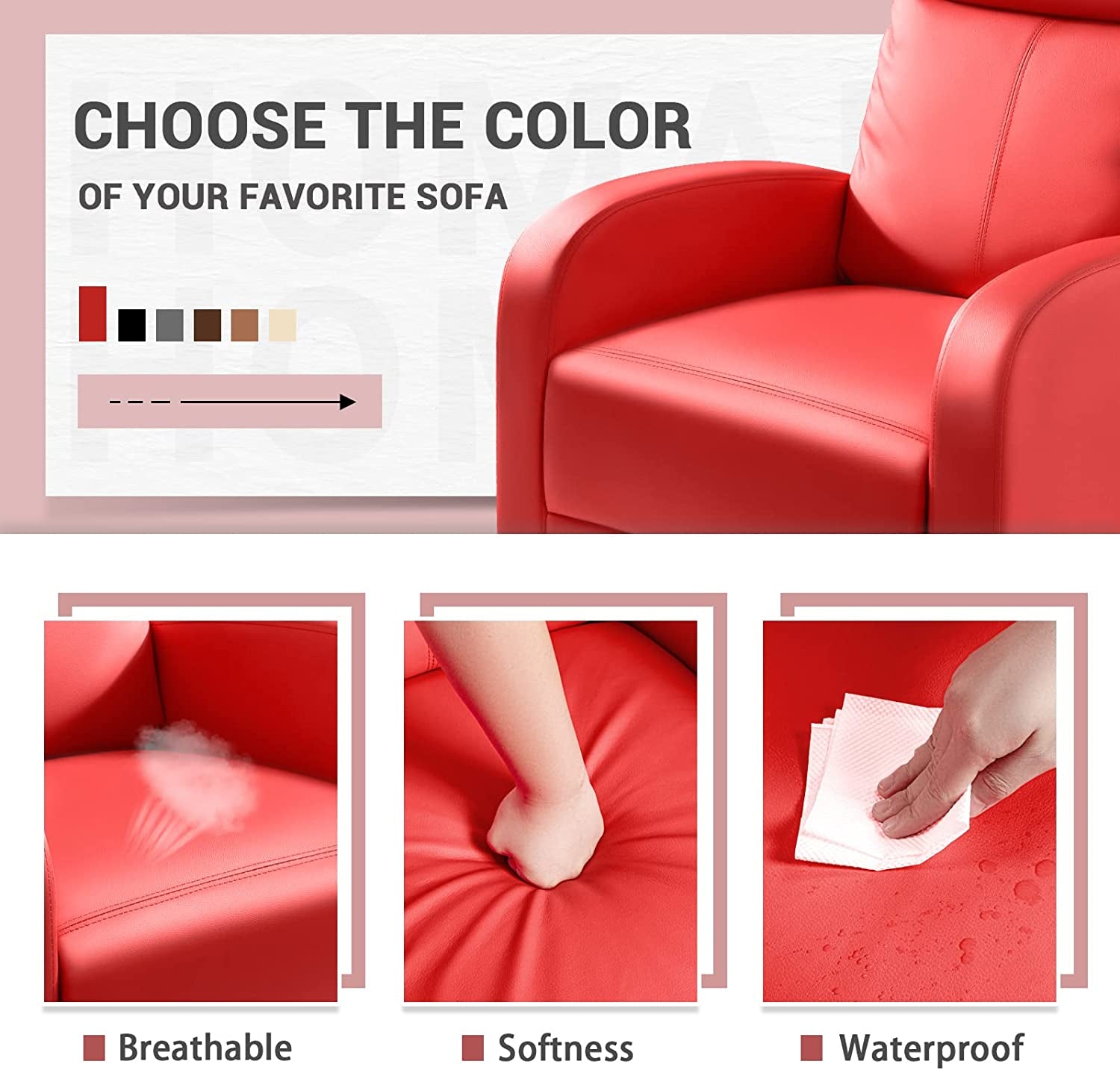 Recliner Chair, Padded Seat, Red, PU Leather-4