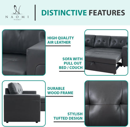 Jenny Sectional Sofa Sleeper with Storage Chaise, Tufted Pull Out Couch with Storage, Sectional Bed, L-Shaped Reversible Sleeper Sofa With, Dark Gray,Air Leather-2