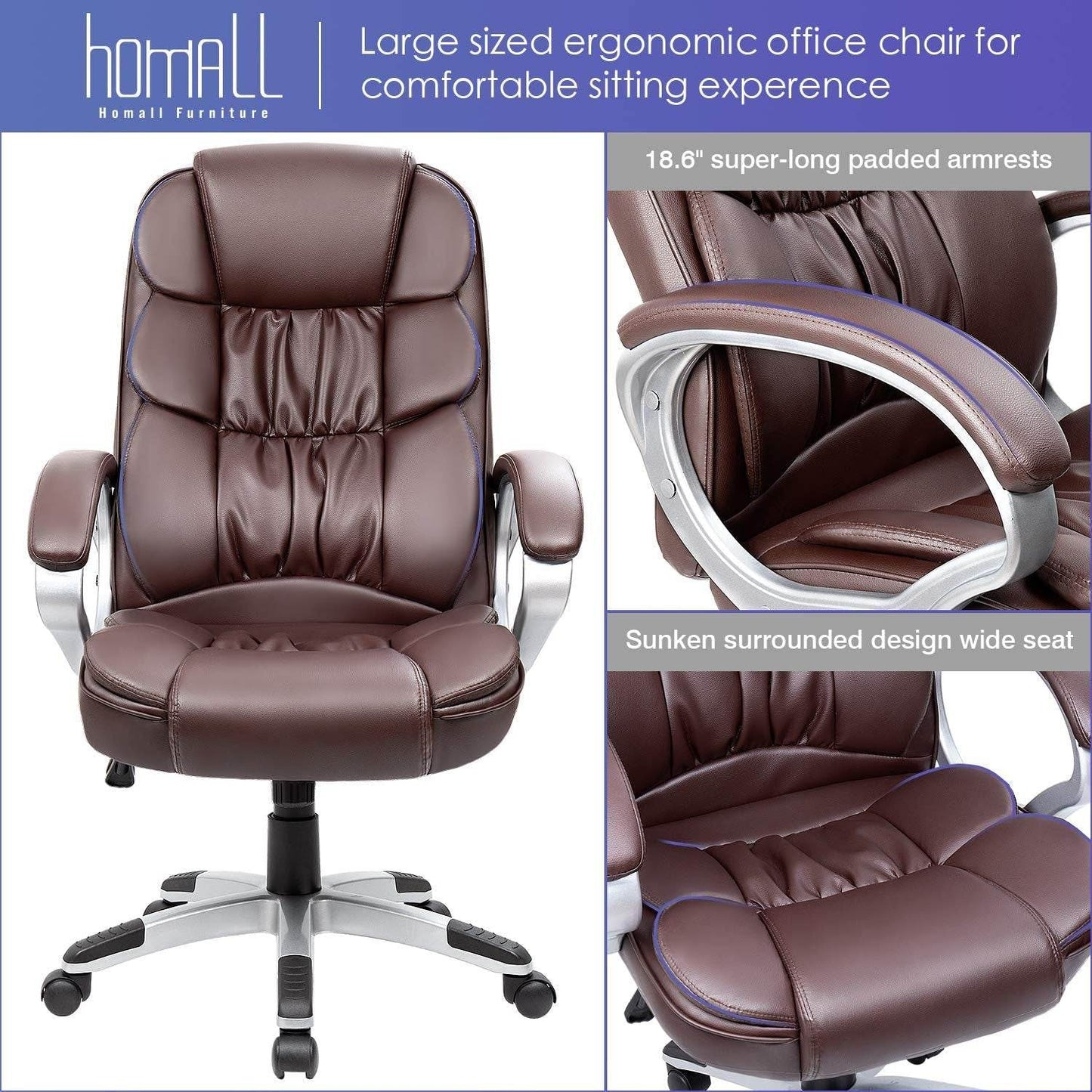 Office Chair with Swivel and Padded Armrests and Lumbar Support (Brown) - Loft&Timber