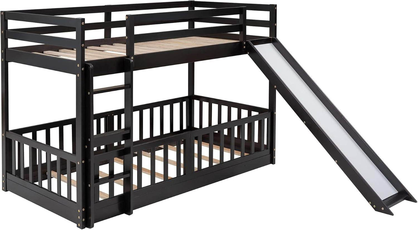 Twin over Twin Floor Bunk Bed with Slide and Ladder, Low Bunk Bed for Kids, Girls, Boys, Removable Fence, Bunk Bed with Slide, Espresso - Loft&Timber