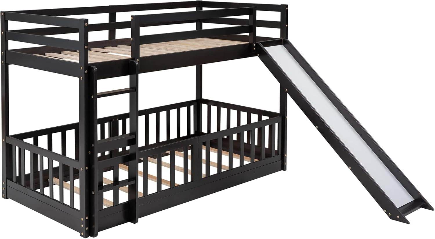 Twin over Twin Floor Bunk Bed with Slide and Ladder, Low Bunk Bed for Kids, Girls, Boys, Removable Fence, Bunk Bed with Slide, Espresso - Loft&Timber