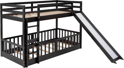 Twin over Twin Floor Bunk Bed with Slide and Ladder, Low Bunk Bed for Kids, Girls, Boys, Removable Fence, Bunk Bed with Slide, Espresso - Loft&Timber
