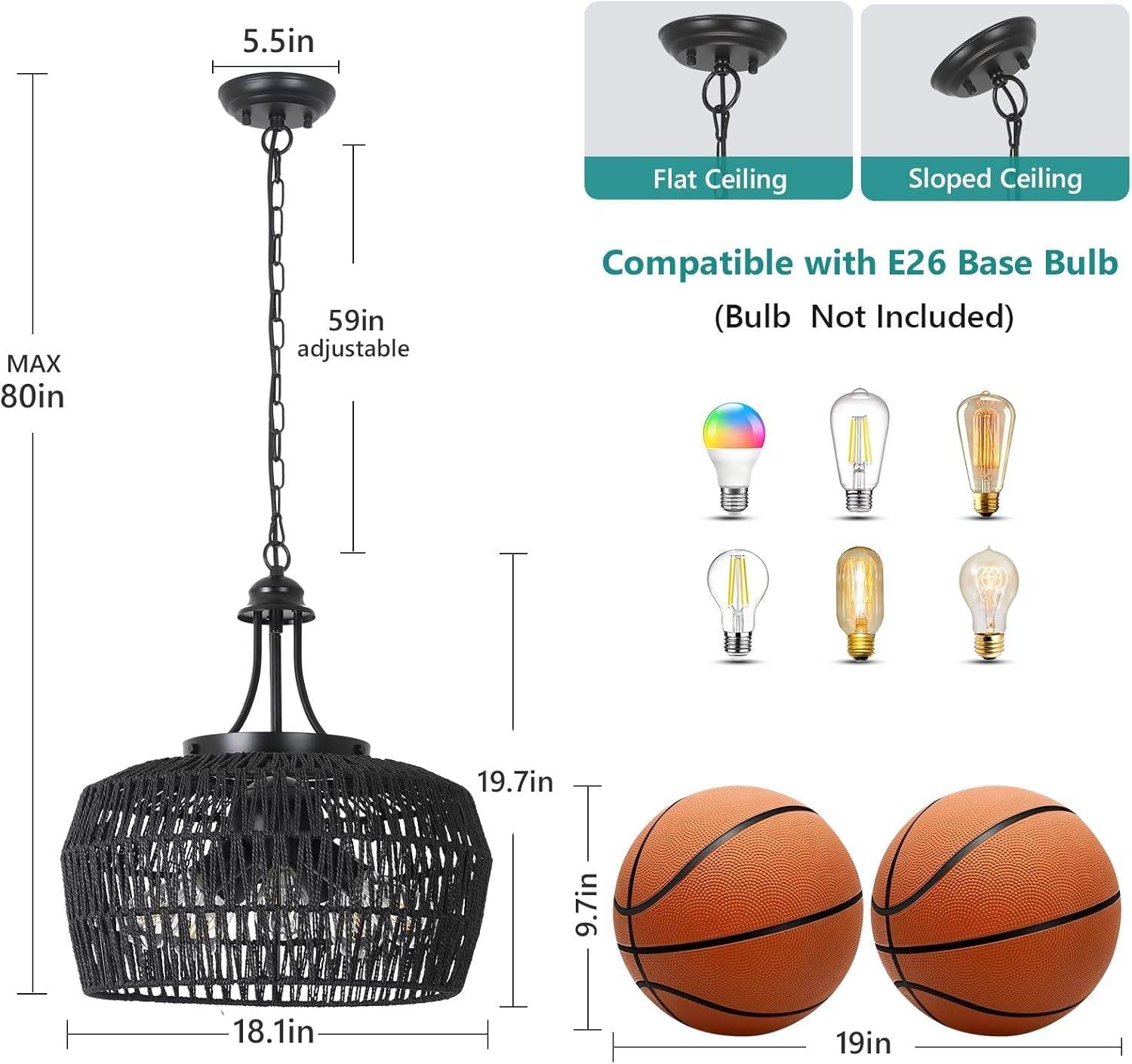 5-Light Black Rattan Chandelier Farmhouse Dining Room - Loft&Timber