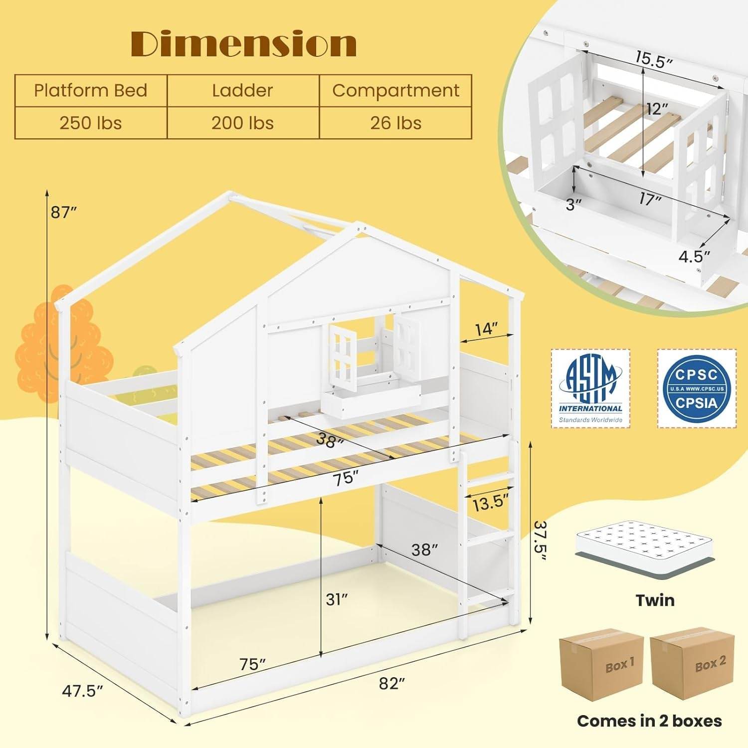 Bunk Bed Twin over Twin, Wood House Bed for Kids with Roof, Window Door, Storage Box, Safety Guardrails, Wood Slats & Ladder, Floor Bunk Bed for Junior Boys Girls, No Box Spring Needed, White - Loft&Timber