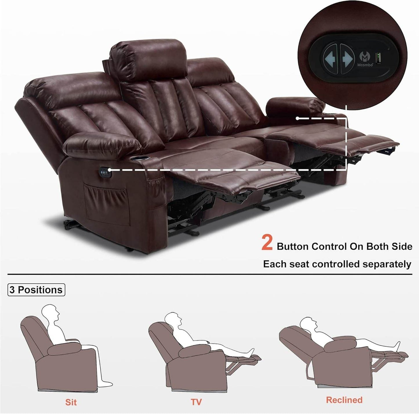 Power Reclining Sofa with Heat and Vibration,Usb Ports, Cup Holders,3-Seat Dual Recliner Sofa for Living Room 6077(Dark Brown, Reclining Sofa) - Loft&Timber