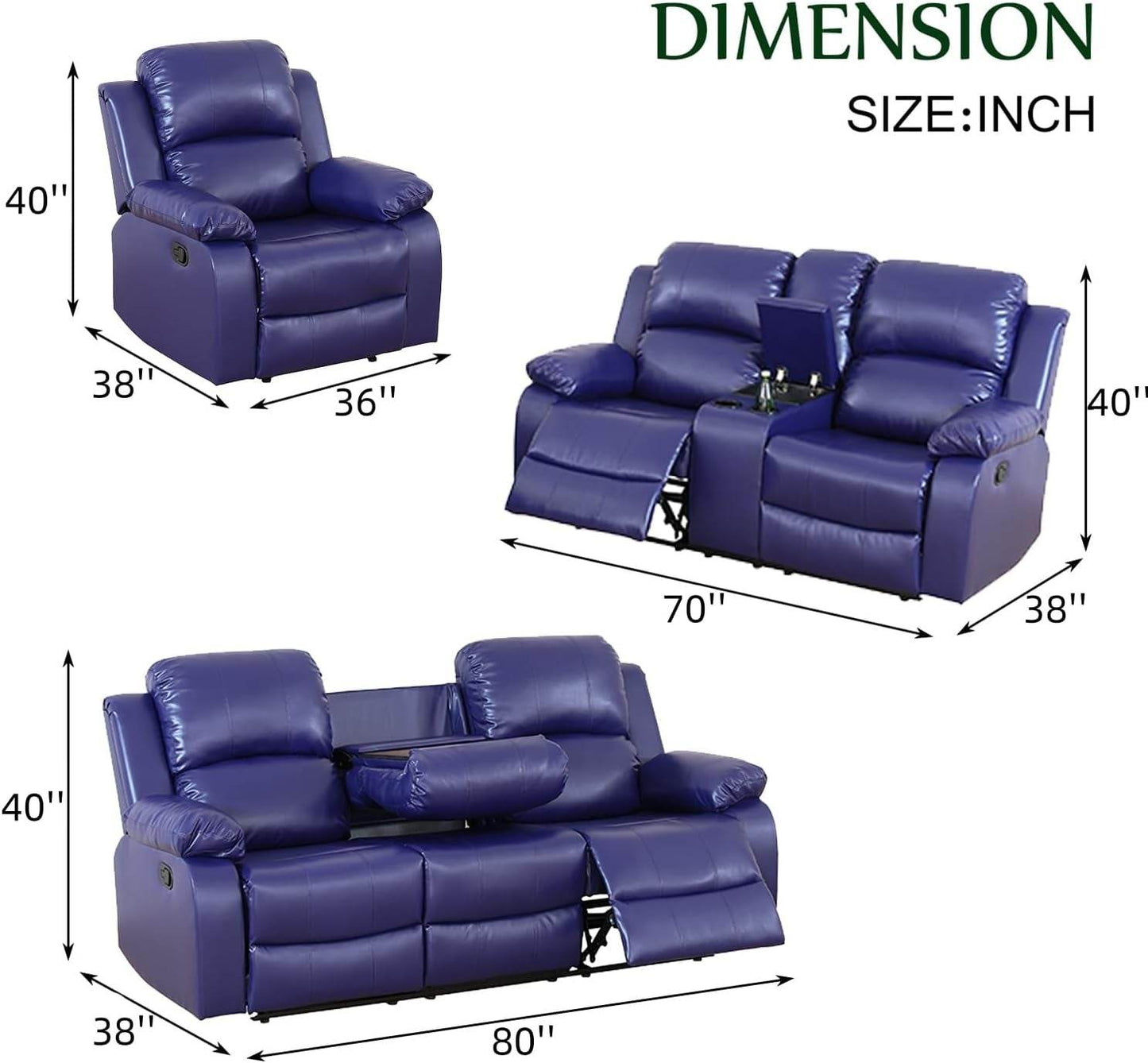 Leather Recliner Sofa Set, 3 Pieces - Loft&Timber