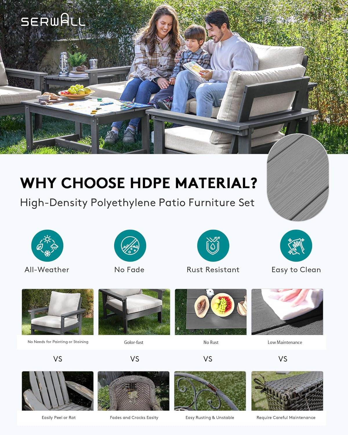 HDPE Outdoor Patio Furniture Set, 7-Piece Outdoor Sectional Patio Conversation Set, All Weather Outdoor Couch Set Patio Sofa Set for Deck, Lawn, Grey Frame with Khaki Cushion - Loft&Timber