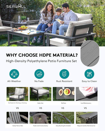 HDPE Outdoor Patio Furniture Set, 7-Piece Outdoor Sectional Patio Conversation Set, All Weather Outdoor Couch Set Patio Sofa Set for Deck, Lawn, Grey Frame with Khaki Cushion - Loft&Timber