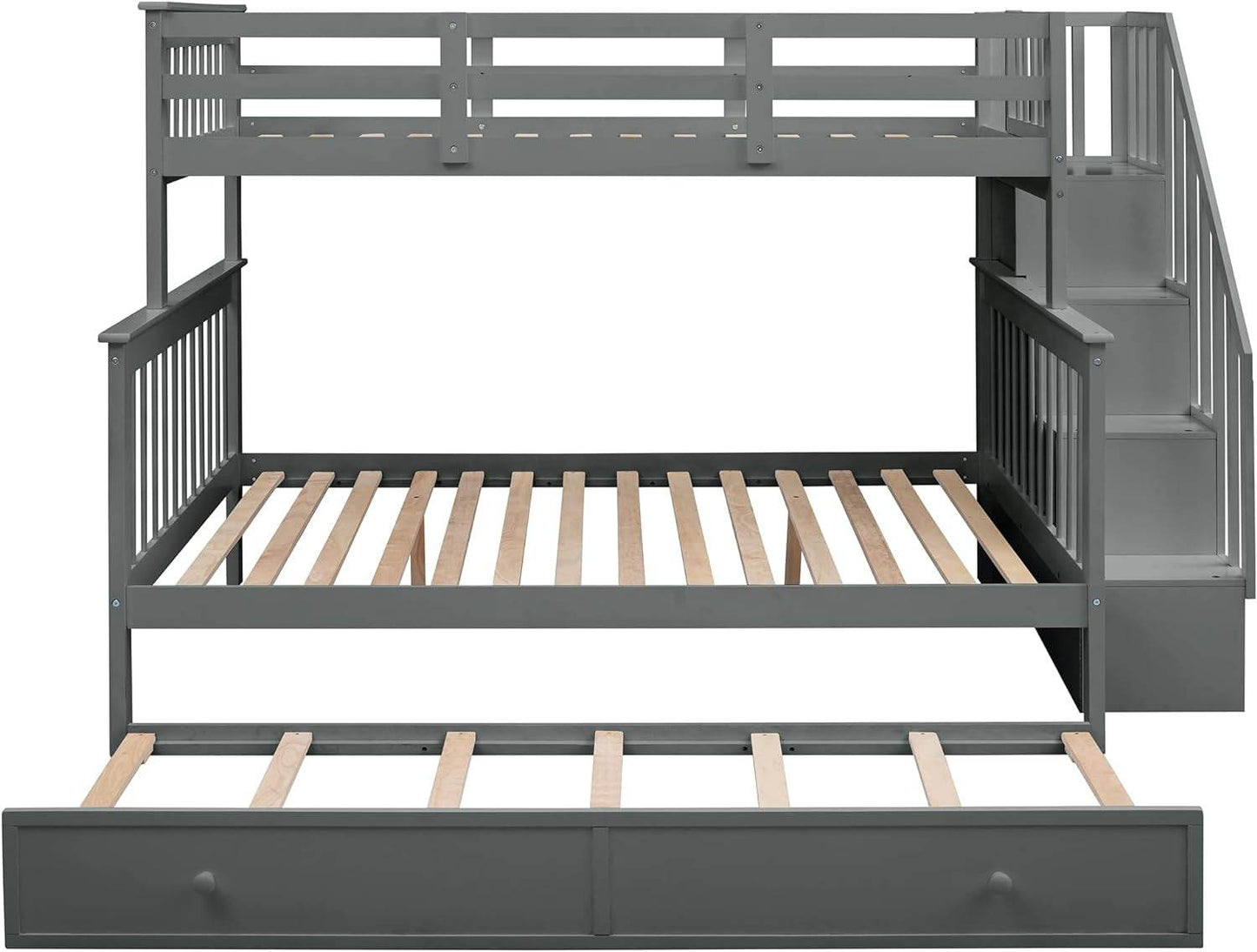 Twin over Full Bunk Bed, Wooden Bunk Bed Frame Twin over Full with Trundle and Storage Shelves, Twin over Full Size Bunk Beds with Staircases for Kids Teens Adults, Grey - Loft&Timber