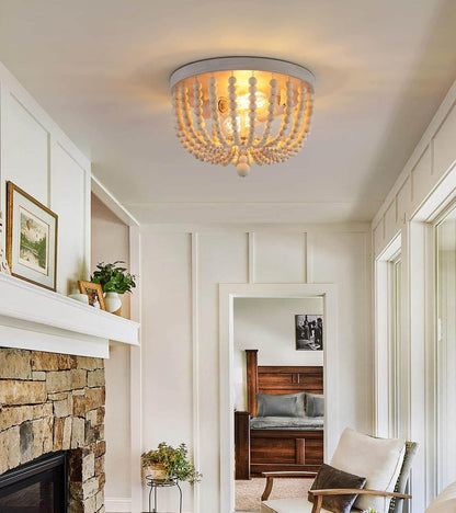 Boho Chandelier Wood Beaded Flush Mount Ceiling Light Fixtures for Nursery Baby Bedroom Kitchen Hallway,Oak White Finish,2-Lights - Loft&Timber