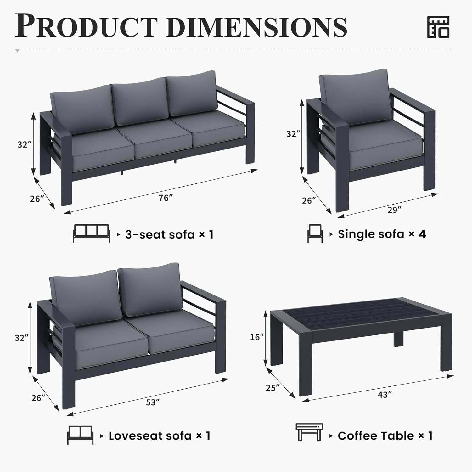 Aluminum Patio Furniture Set, 7 Piece（Gray） - Loft&Timber