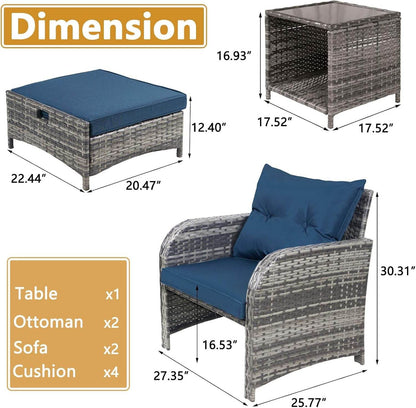 5 Pieces Wicker Outdoor Patio Chairs Set with Ottoman, All Weather PE Rattan Patio Conversation Furniture Set Outdoor Furniture Set with Hidden Ottoman for Poolside Garden Balcony, Blue - Loft&Timber