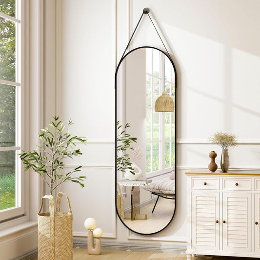 16"X48" Oval Hanging Mirror with Leather Strap Full Length Mirror Aluminum Frame Wall-Mounted Hanging Mirrors for Bathroom Vanity Living Room Bedroom Entryway Decor - Loft&Timber