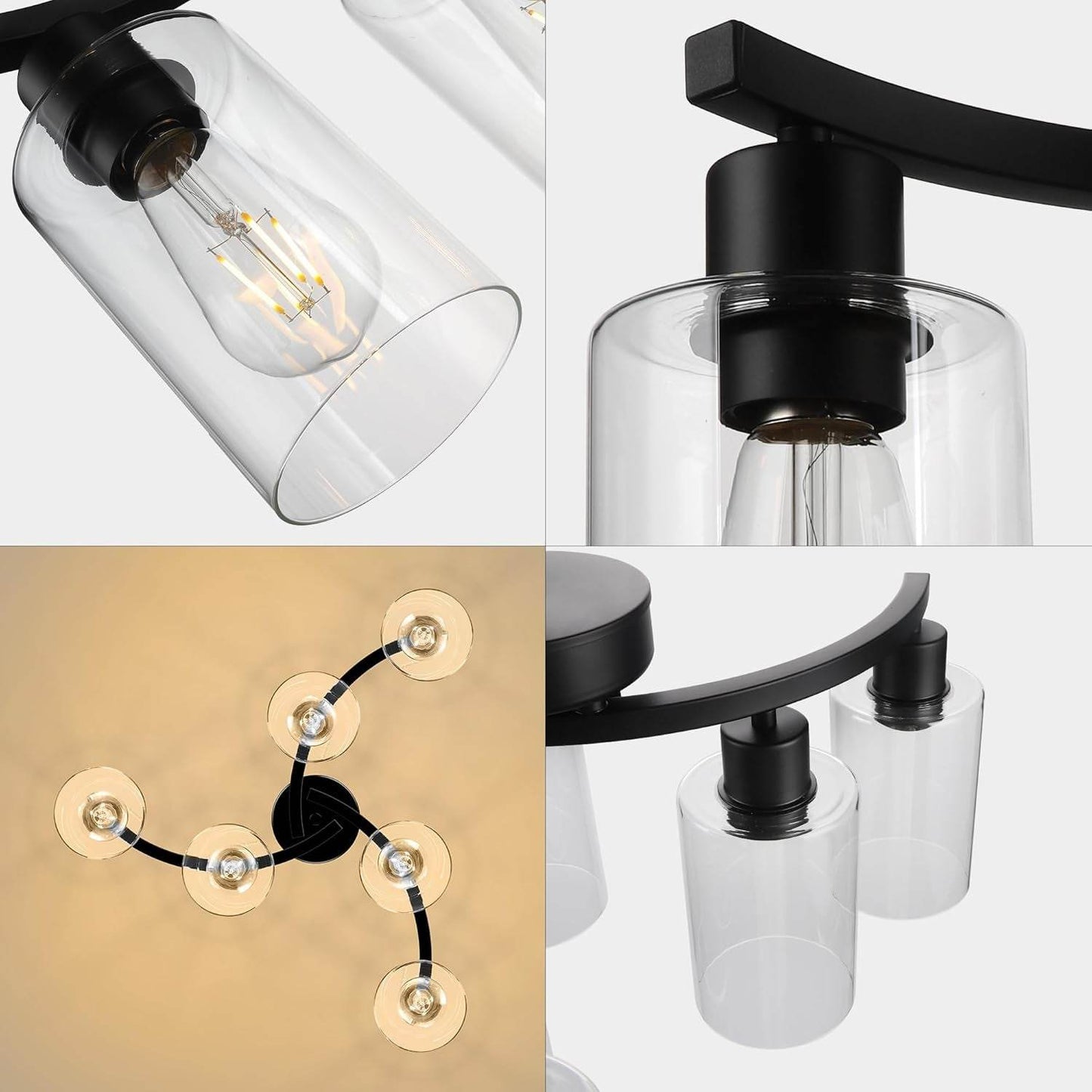 6-Light Modern Farmhouse Black Chandelier, Contemporary Dining Room Light Fixture, Adjustable Height Hanging Industrial Pendant Lights Kitchen Island, Clear Glass Shade - Loft&Timber