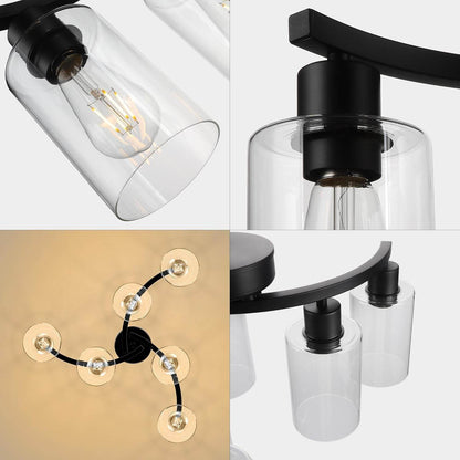 6-Light Modern Farmhouse Black Chandelier, Contemporary Dining Room Light Fixture, Adjustable Height Hanging Industrial Pendant Lights Kitchen Island, Clear Glass Shade - Loft&Timber