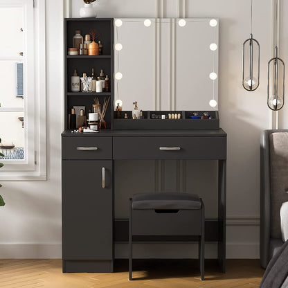Makeup Vanity Desk with Lighted Mirror, 2 Drawers, Cabinet (Black)-1