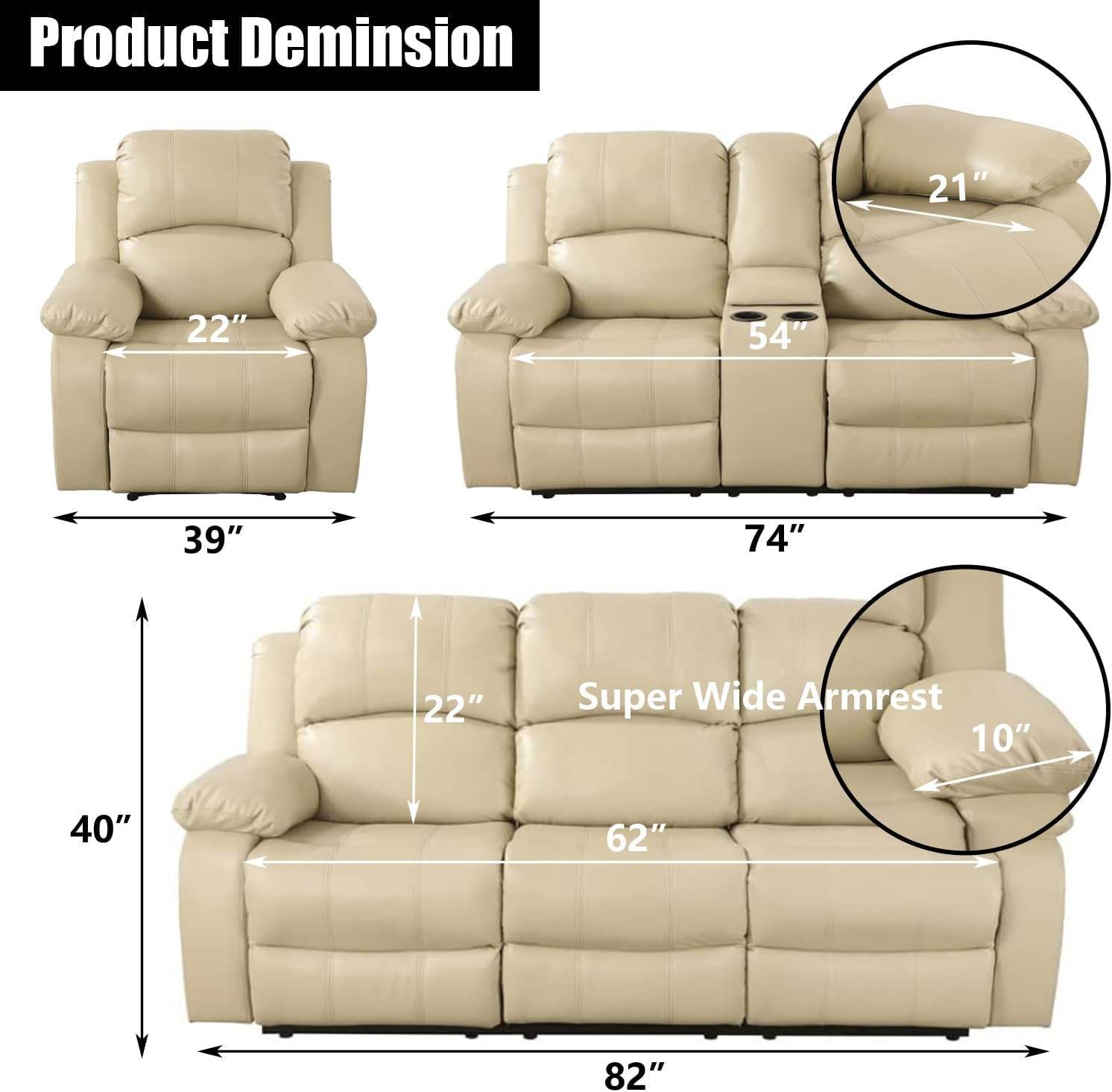 Beige Leather Reclining Sofa Set - Loft&Timber