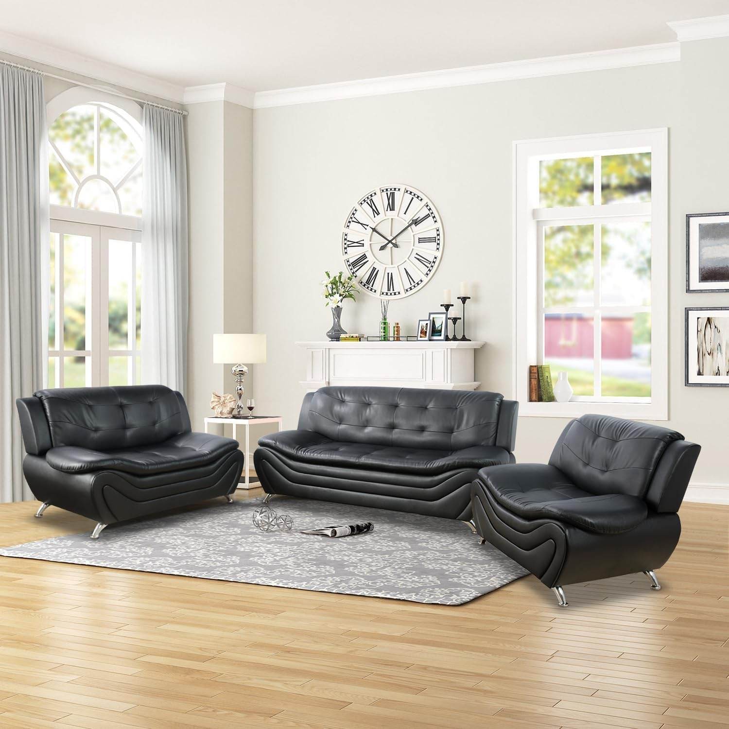 Leather Sofa Set,Leather Sofa Set for Living Room Furniture Sets, Loveseat Sofa with Chair 3-Piece for Living Room/Office/Apartment(Black) - Loft&Timber