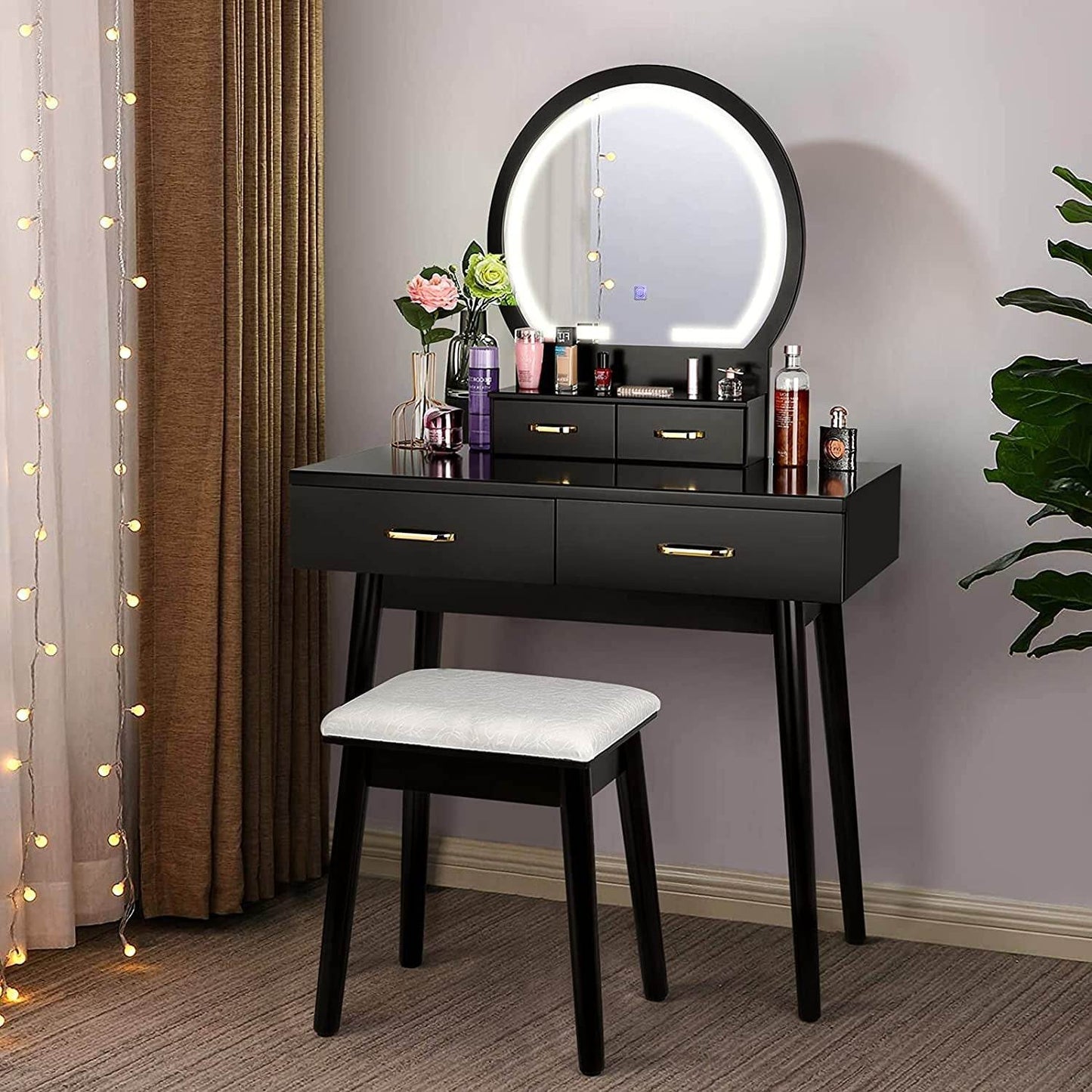 Lighted Makeup Vanity Desk with Cushioned Stool - Loft&Timber