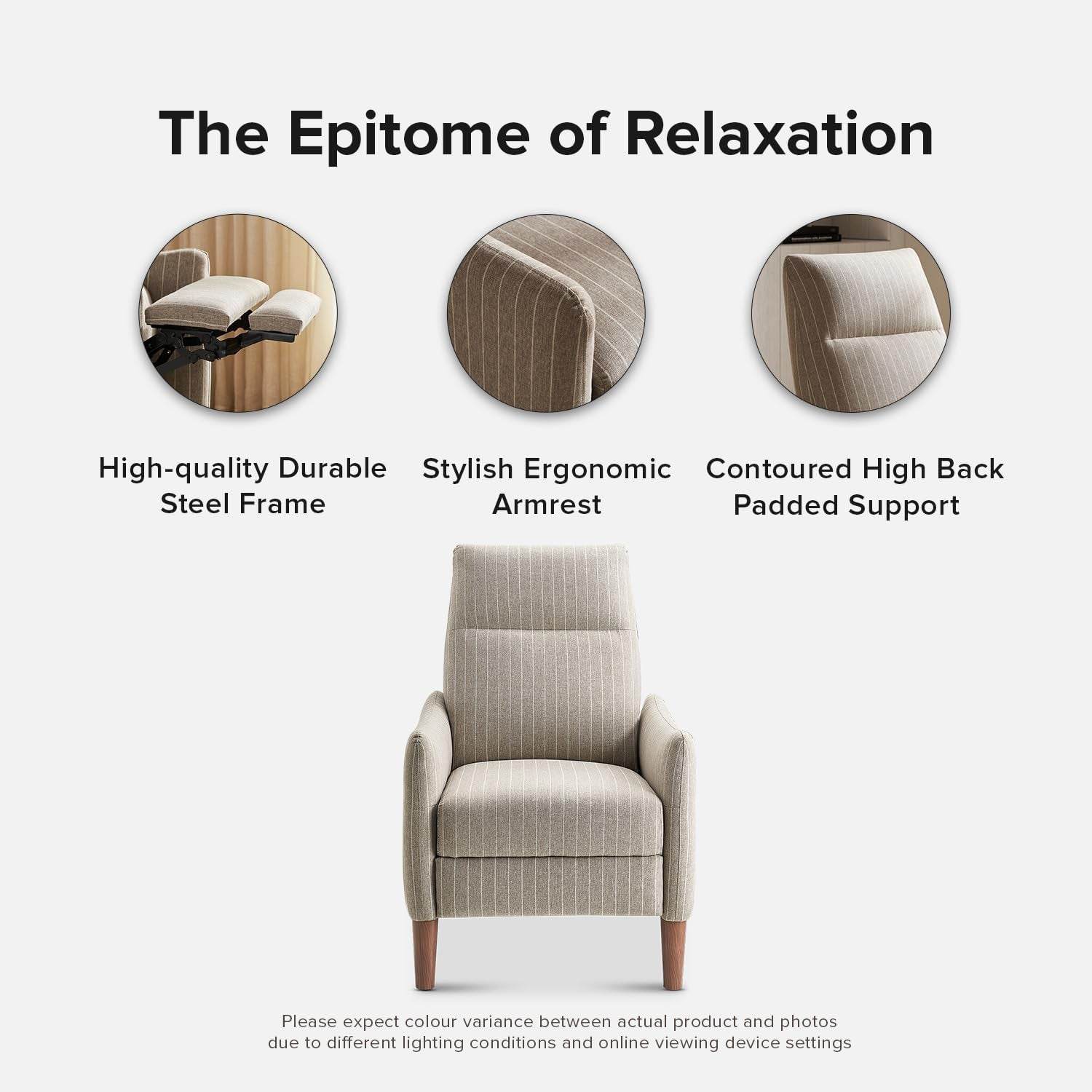 Arthur Recliner Chair with 3 Positions (Jacquard Taupe Stripe) - Loft&Timber