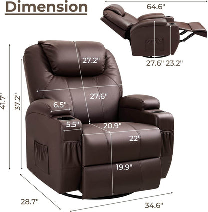 PU Leather Recliner Chair with Massage and Heat (Brown) - Loft&Timber