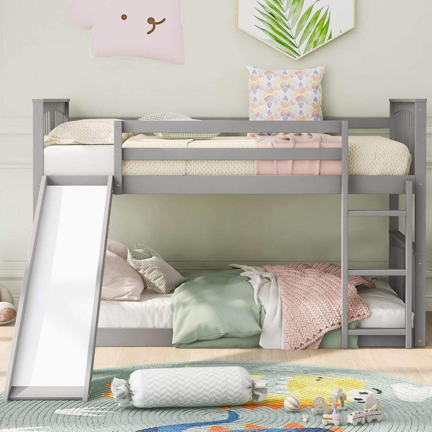 Montessori Floor Bunk Bed Twin over Twin, Twin Bunk Bed with Slide and Ladder, Kids Bunk Beds with Guardrail Headboard and Footboard, Low Bunk Beds for Kids, Boys, Girls, Twin Bunk Bed Gray - Loft&Timber