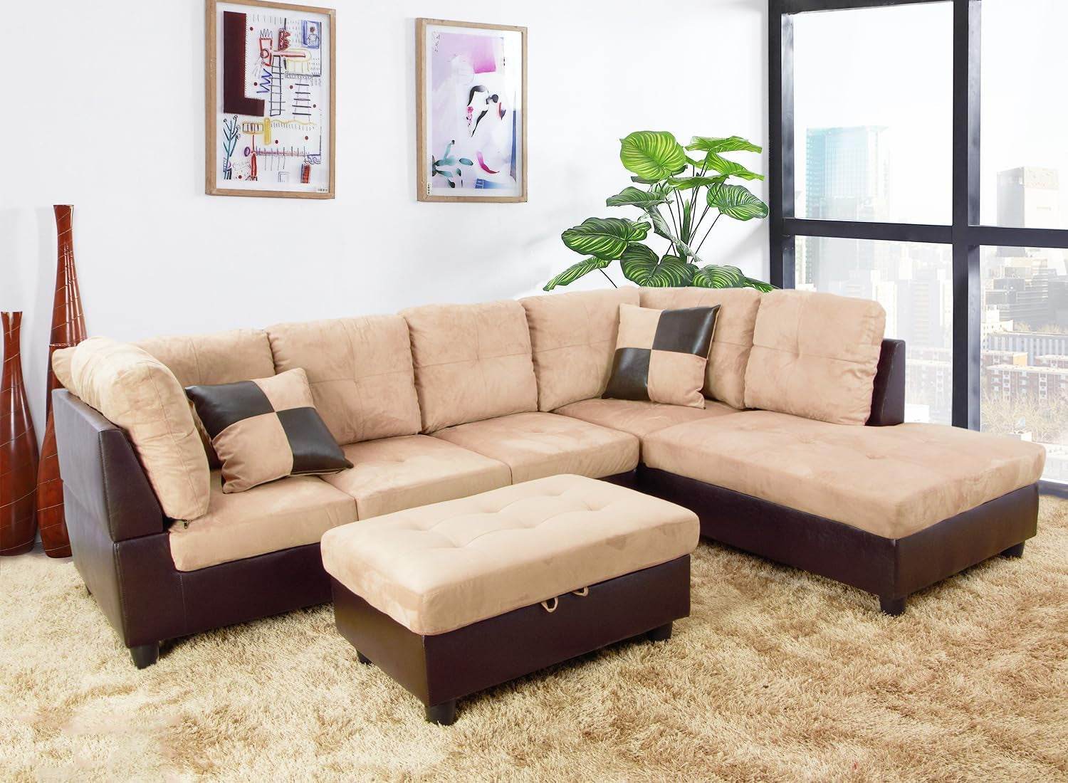 Beige Sectional Couch, 105 Inch Sectional Sofa L Shaped Couch with Storage Ottoman/Microfiber Fabric/Facing Right Chaise - Loft&Timber