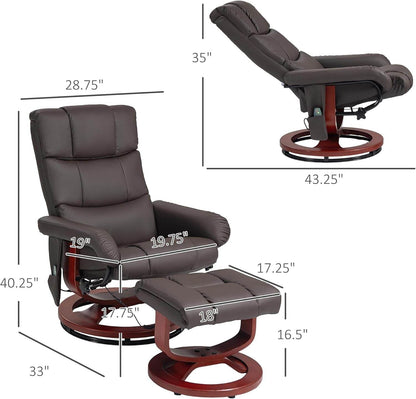 Massage Recliner Chair with Ottoman, Swivel Recliner and Footrest, Faux Leather Reclining Chair with Remote Control and Side Pocket, Brown - Loft&Timber