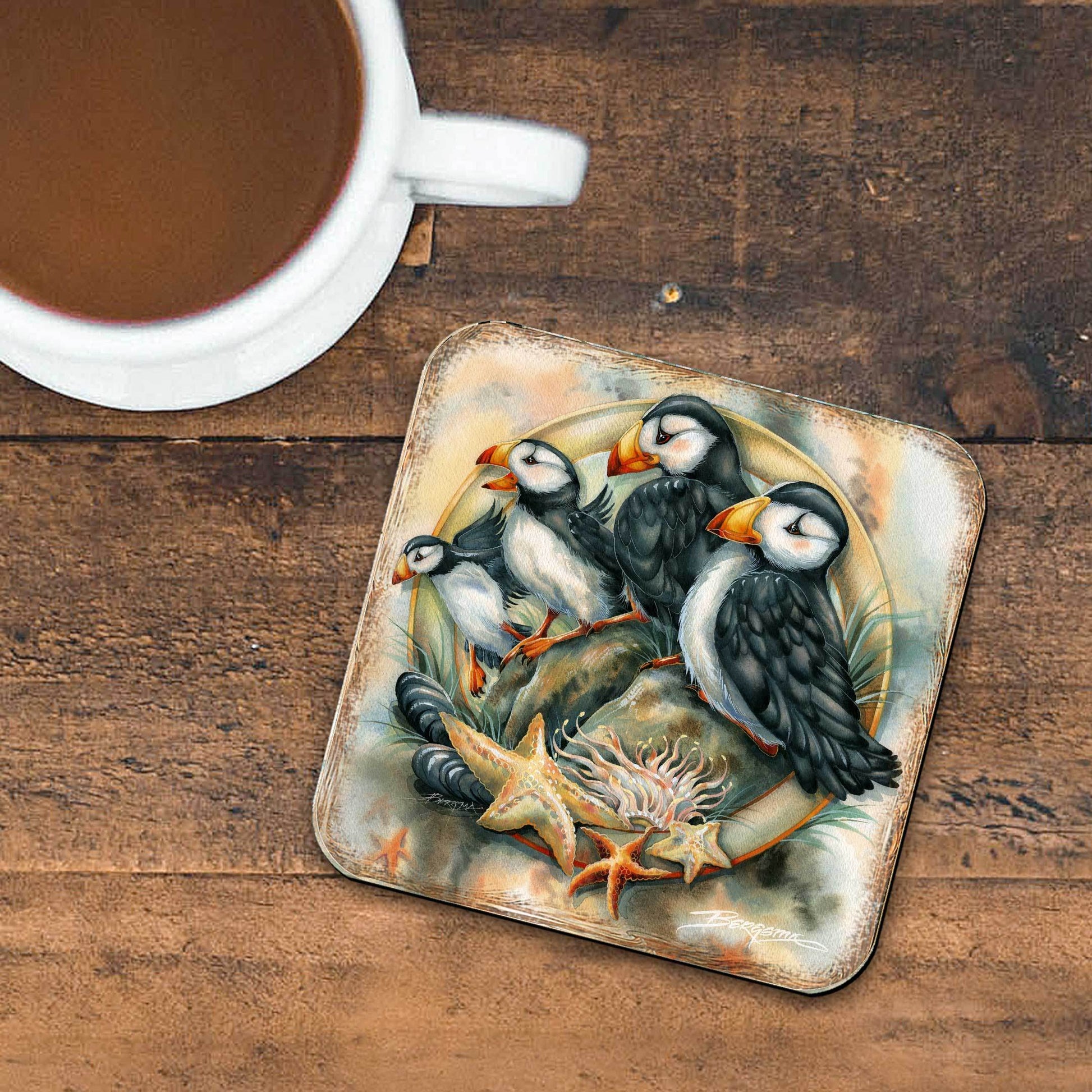 Puffins Wooden Cork Coasters Gift Set of 4 by J. Bergsma - Wildlife Decor - 8199462C-S4 - Loft&Timber