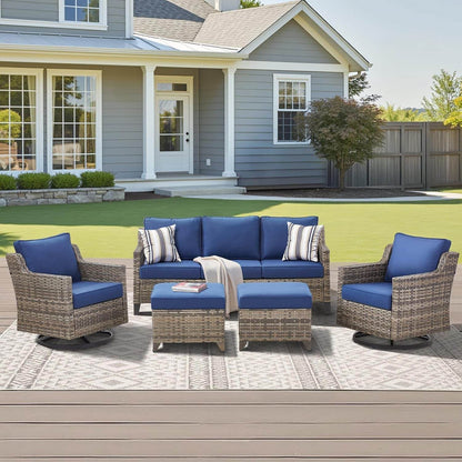 Outdoor Patio Furniture Set-5 Pieces All-Weather Wicker Outdoor Furniture with Swivel Patio Chairs Outdoor Patio Conversation Sets for Garden Porch Deck Grey/Blue - Loft&Timber