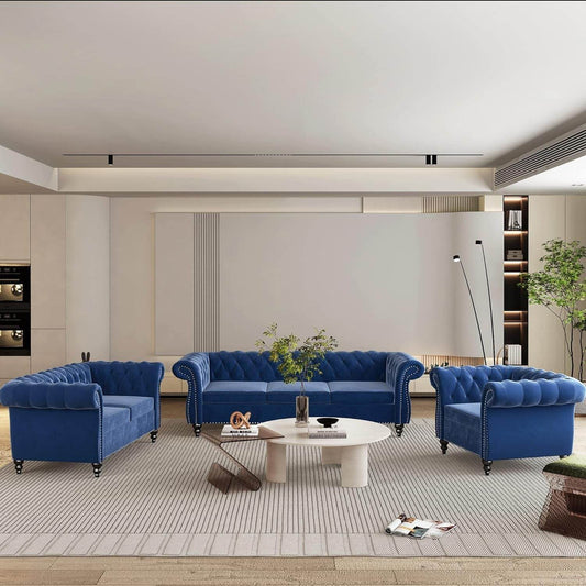 3-Piece Living Room Sectional Sofa Set, Blue Couch Upholstered Sofa Modern Sofa Couches Set Style Button Tufted, Velvet Chesterfield Sofa for Living Room Apartment, 1+2+3 Seat Blue - Loft&Timber