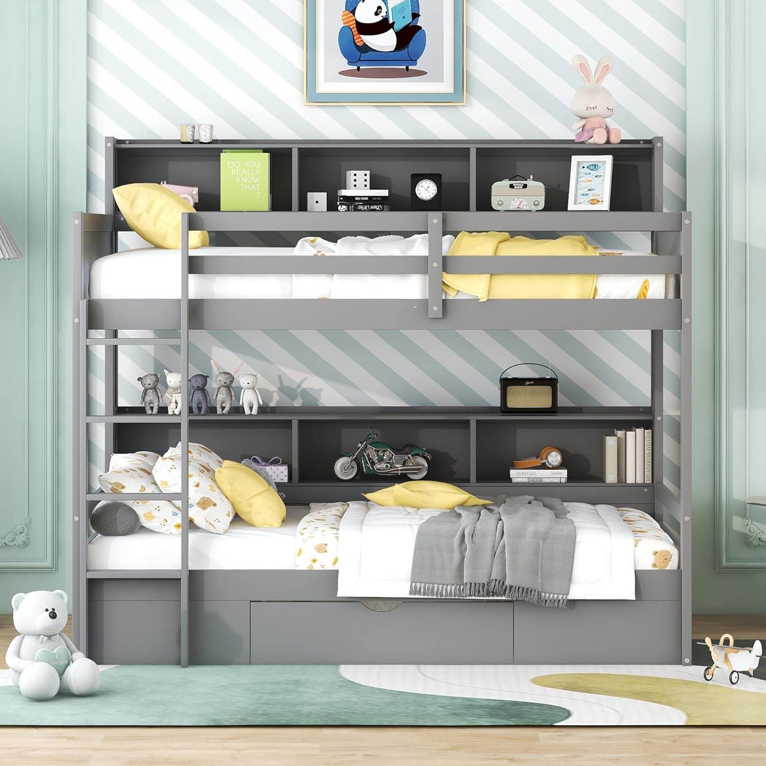 Bunk Bed Twin over Twin with Storage,Wood Twin Bunk Beds with Built-In Shelves beside Both Upper & down Bed,Multi Storage Bunk Beds with Drawer for Kids Girls Boys, Grey - Loft&Timber