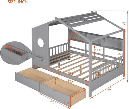 Kids Full Playhouse Bed with Drawers Shelves - Loft&Timber