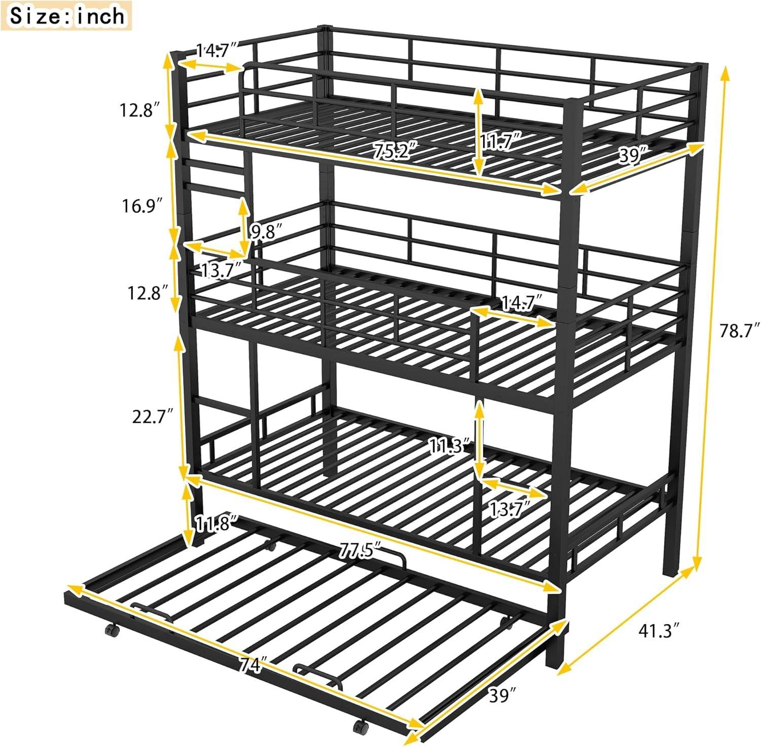 Metal Twin Size Triple Bunk Bed with Trundle for 4, Bunk Beds with 2 Ladders & Guardrails, Convertible to 3 Separate Beds for Kids Teens, Space-Saving, Black - Loft&Timber