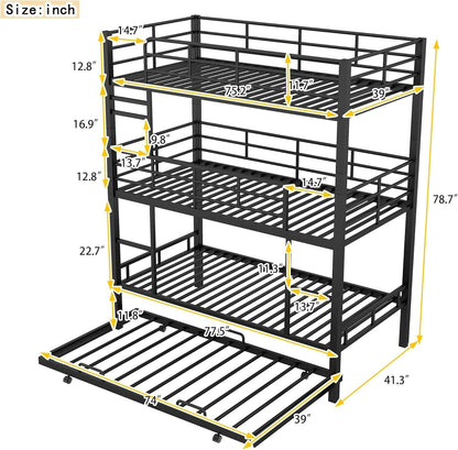 Metal Twin Size Triple Bunk Bed with Trundle for 4, Bunk Beds with 2 Ladders & Guardrails, Convertible to 3 Separate Beds for Kids Teens, Space-Saving, Black - Loft&Timber