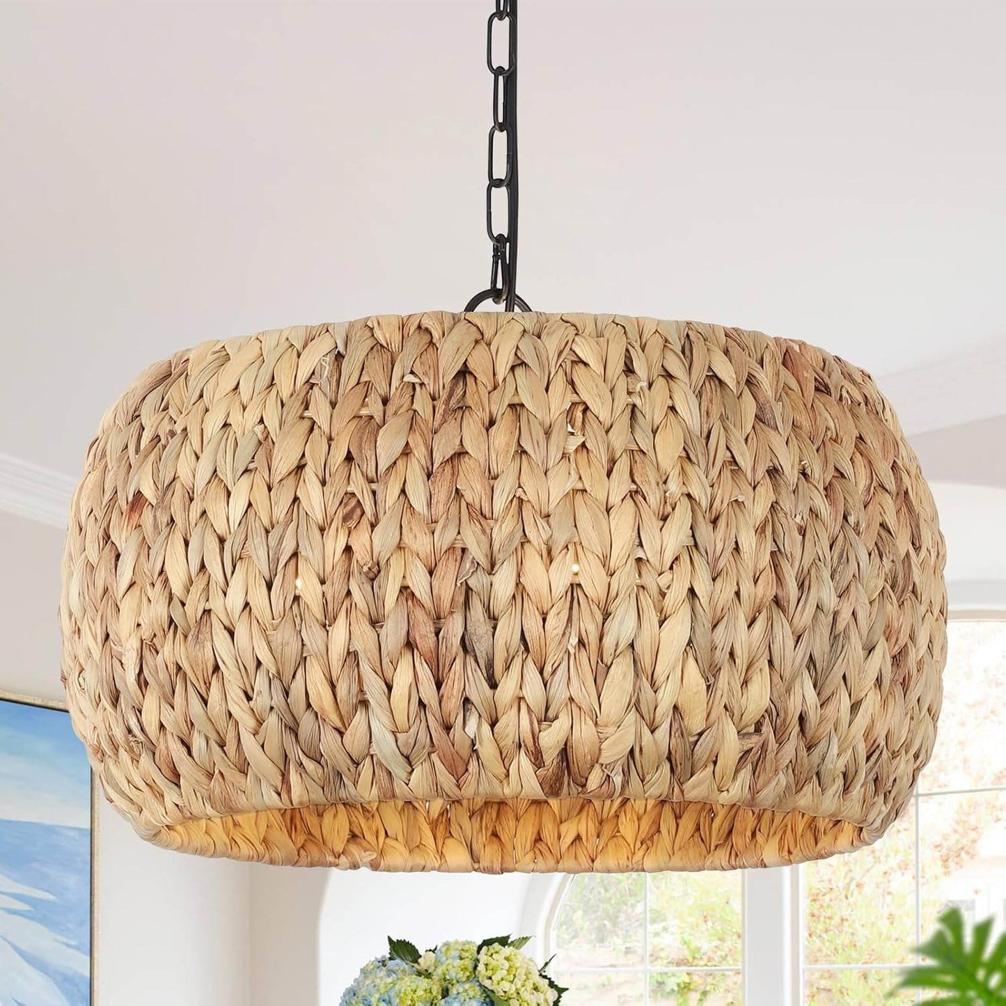 Farmhouse Chandelier for Dining Room,5-Light Boho Chandelier Light Fixture with Water Hyacinth Lampshade,Rattan Dining Room Chandelier Light Fixtures for Kitchen Island Bedroom Living Room - Loft&Timber