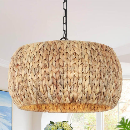 Farmhouse Chandelier for Dining Room,5-Light Boho Chandelier Light Fixture with Water Hyacinth Lampshade,Rattan Dining Room Chandelier Light Fixtures for Kitchen Island Bedroom Living Room - Loft&Timber