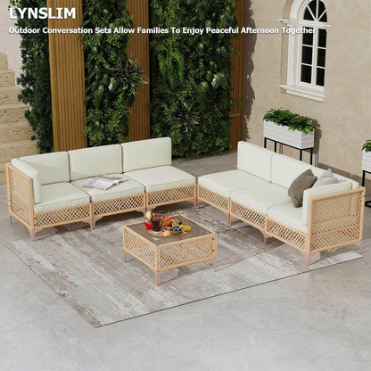 Outdoor Wicker Sectional Sofa Set with Tempered Glass Table - Loft&Timber