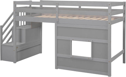 Twin Size Low Loft Bed with Stairs, Kids Loft Bed with Storage,Solid Wood Twin Loft Bed Frame for Kids, Space Saving Low Loft Bed for Boys, Girls, Gray - Loft&Timber